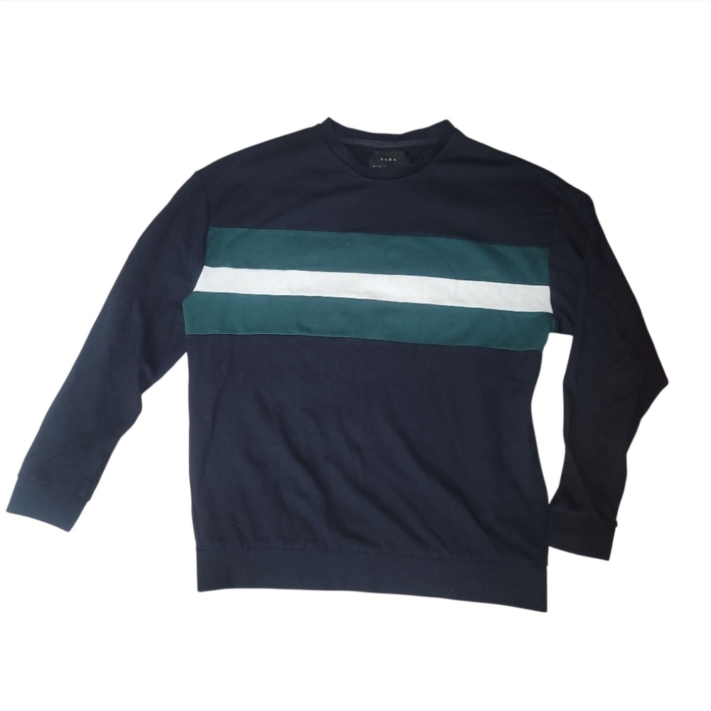 Zara Vintage 90s 00s Men's Navy and Green Striped Sweater